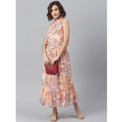 Mayawye Women's Polyester Maxi Halter Neck Sleeveless Dress (Peach)