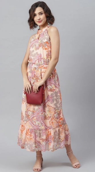 Mayawye Women's Polyester Maxi Halter Neck Sleeveless Dress (Peach)