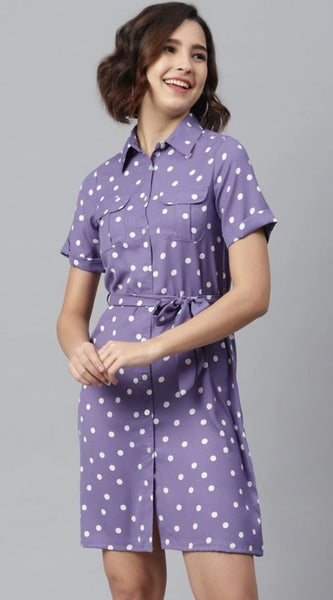 Mayawye Women's Polyester Polka Collar Neck Short Sleeve Dress (Lavender)