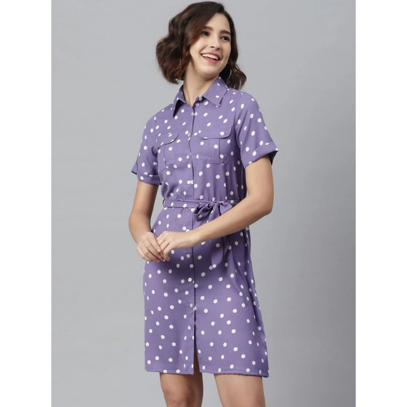 Mayawye Women's Polyester Polka Collar Neck Short Sleeve Dress (Lavender)