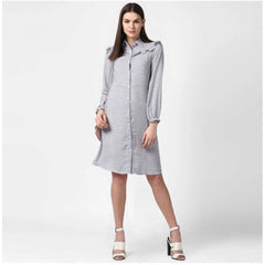 Mayawye Women's Polyester Floral Collar Neck Long Sleeves Dress (Blue)