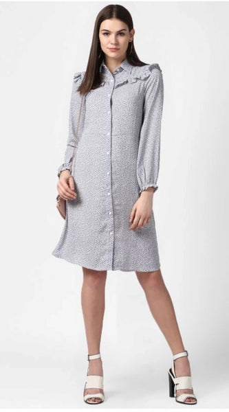 Mayawye Women's Polyester Floral Collar Neck Long Sleeves Dress (Blue)