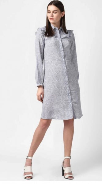 Mayawye Women's Polyester Floral Collar Neck Long Sleeves Dress (Blue)