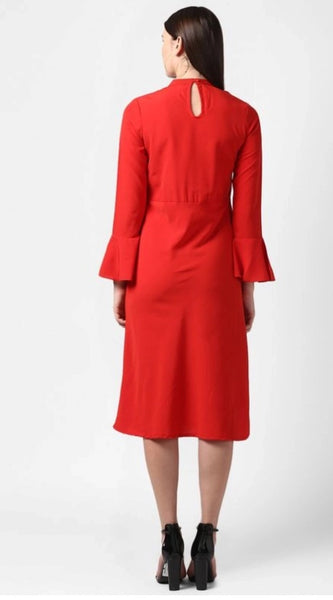 Mayawye Women's Polyester Ruffled Close Neck Long Sleeves Dress (Red)