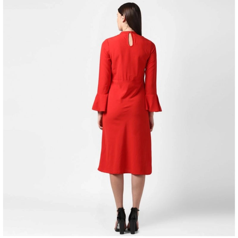 Mayawye Women's Polyester Ruffled Close Neck Long Sleeves Dress (Red)
