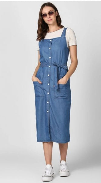 Mayawye Women's Denim Solid Round Neck Sleeveless Dress (Blue)