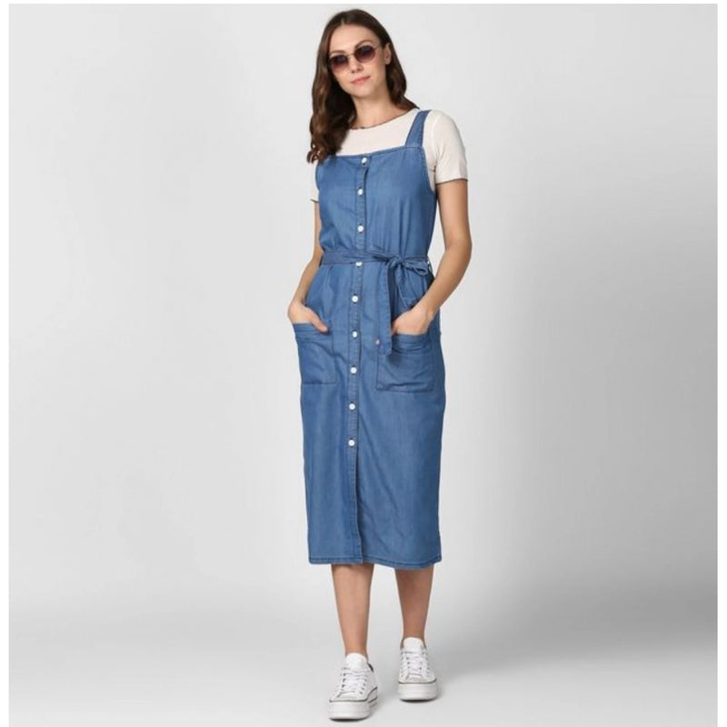 Mayawye Women's Denim Solid Round Neck Sleeveless Dress (Blue)