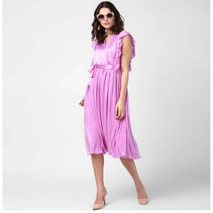 Mayawye Women's Polyester Pleated V-Neck Flutter Dress (Lavender)