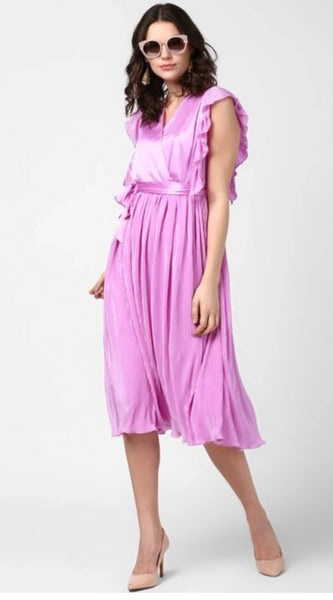 Mayawye Women's Polyester Pleated V-Neck Flutter Dress (Lavender)