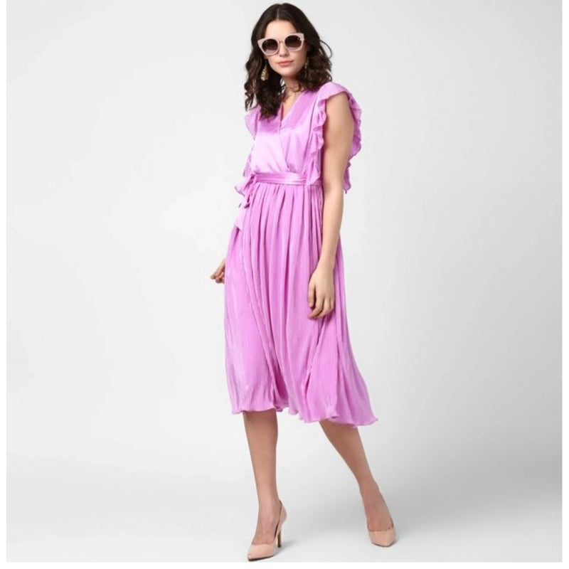 Mayawye Women's Polyester Pleated V-Neck Flutter Dress (Lavender)