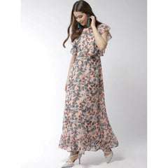 Mayawye Women's Polyester Floral Round Neck Flutter Dress (Multicolor)
