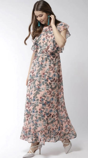 Mayawye Women's Polyester Floral Round Neck Flutter Dress (Multicolor)