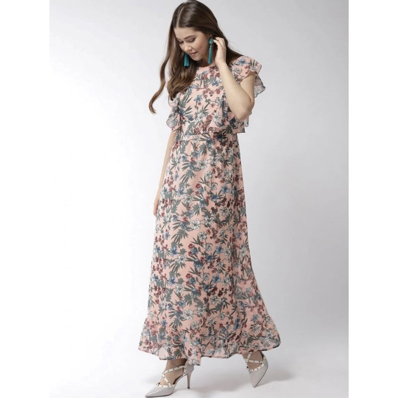 Mayawye Women's Polyester Floral Round Neck Flutter Dress (Multicolor)