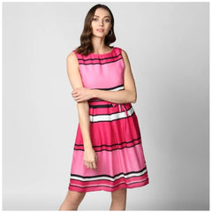 Mayawye Women's Polyester Striped Close Neck Sleeveless Dress (Pink)