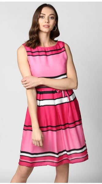 Mayawye Women's Polyester Striped Close Neck Sleeveless Dress (Pink)