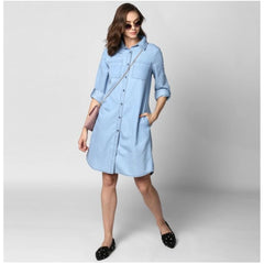 Mayawye Women's Denim Solid Collar Neck Roll Up Sleeve Dress (Blue)