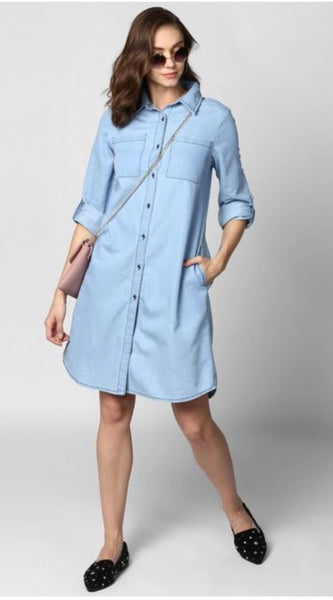 Mayawye Women's Denim Solid Collar Neck Roll Up Sleeve Dress (Blue)