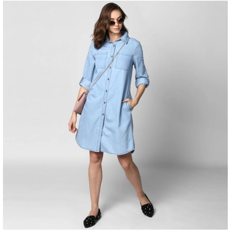 Mayawye Women's Denim Solid Collar Neck Roll Up Sleeve Dress (Blue)