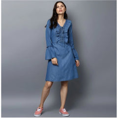 Mayawye Women's Denim Solid V-Neck Bell Sleeve Dress (Blue)