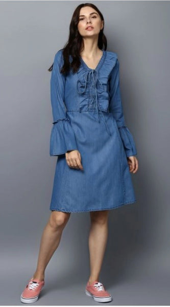 Mayawye Women's Denim Solid V-Neck Bell Sleeve Dress (Blue)