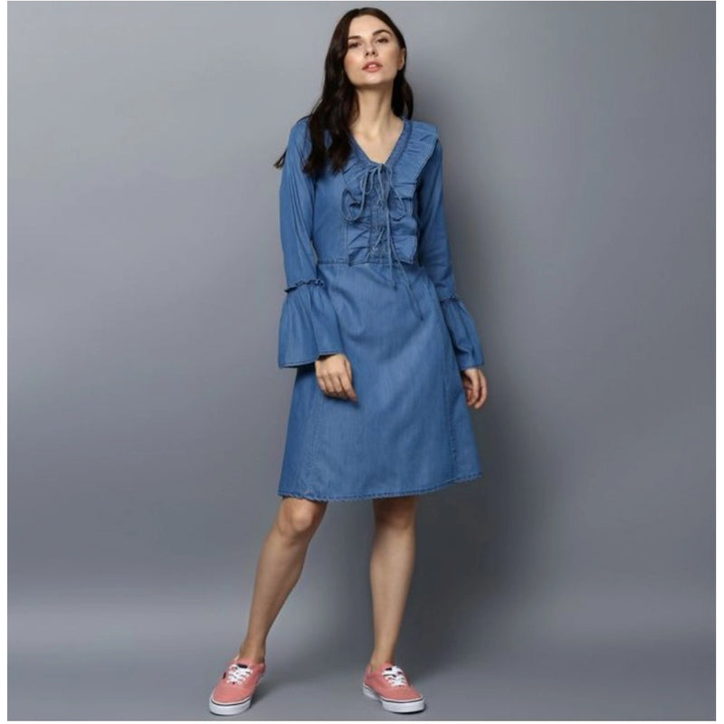 Mayawye Women's Denim Solid V-Neck Bell Sleeve Dress (Blue)