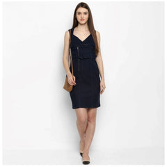 Mayawye Women's Denim Solid Square Neck Sleeveless Dress (Blue)
