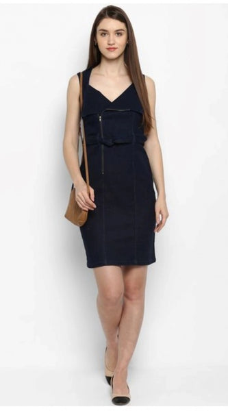 Mayawye Women's Denim Solid Square Neck Sleeveless Dress (Blue)
