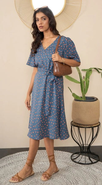Mayawye Women's Polyester Moss Polka V-Neck Bell Sleeve Dress (Grey)