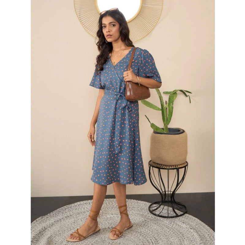 Mayawye Women's Polyester Moss Polka V-Neck Bell Sleeve Dress (Grey)
