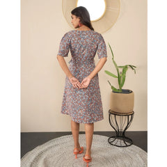 Mayawye Women's Polyester Moss Floral V-Neck Bell Sleeve Dress (Grey)
