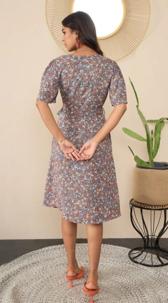 Mayawye Women's Polyester Moss Floral V-Neck Bell Sleeve Dress (Grey)