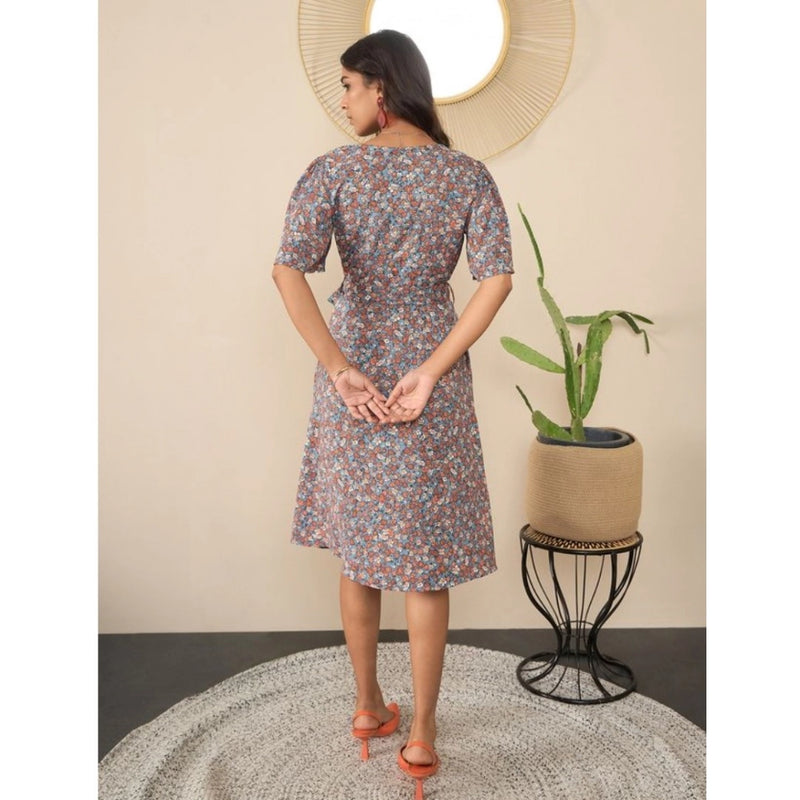Mayawye Women's Polyester Moss Floral V-Neck Bell Sleeve Dress (Grey)