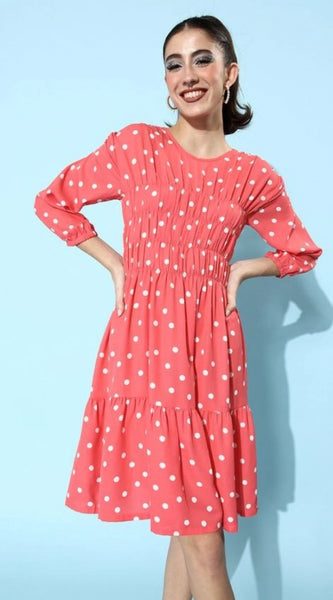 Mayawye Women's Polyester Moss Polka Round Neck 3/4th Sleeves Dress (Pink)
