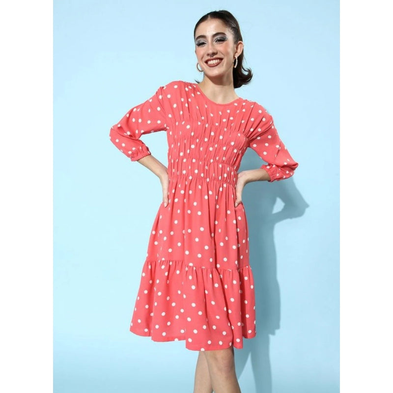 Mayawye Women's Polyester Moss Polka Round Neck 3/4th Sleeves Dress (Pink)