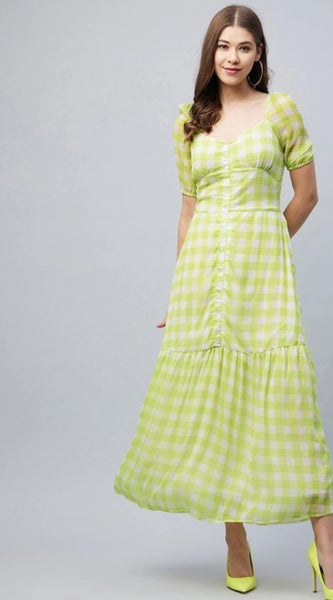 Mayawye Women's Polyester-Cotton Blend Checkered Square Neck Half Sleeve Dress (Lime Green)