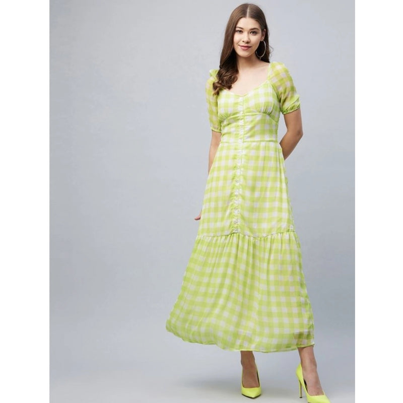 Mayawye Women's Polyester-Cotton Blend Checkered Square Neck Half Sleeve Dress (Lime Green)