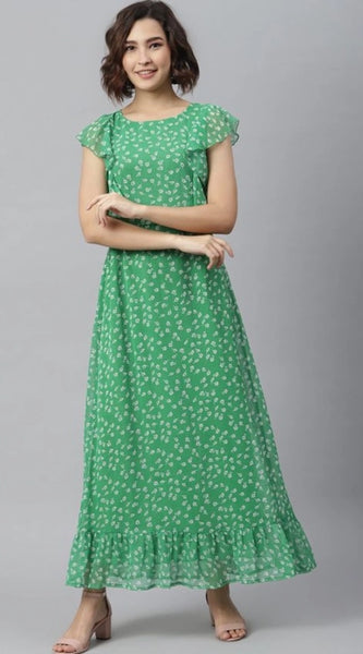 Mayawye Women's Polyester Floral Round Neck Short Sleeve Dress (Green)