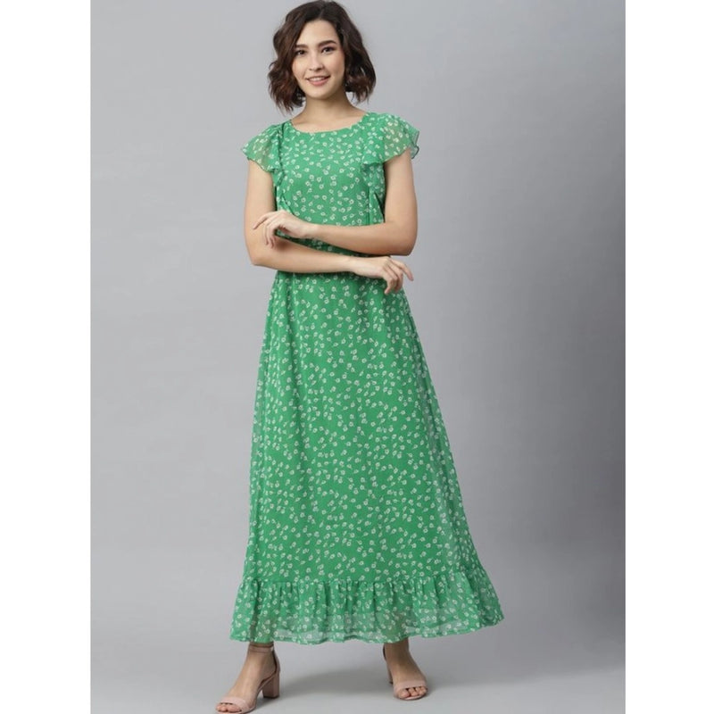 Mayawye Women's Polyester Floral Round Neck Short Sleeve Dress (Green)