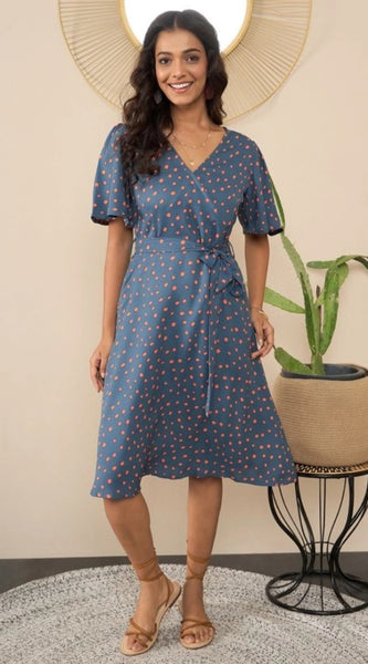 Mayawye Women's Polyester Moss Polka V-Neck Bell Sleeve Dress (Grey)