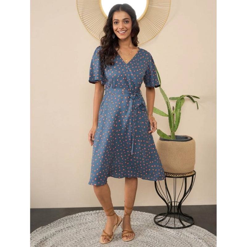 Mayawye Women's Polyester Moss Polka V-Neck Bell Sleeve Dress (Grey)