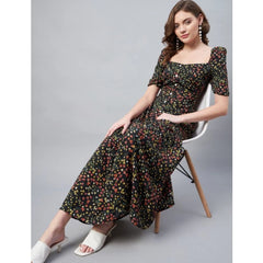 Mayawye Women's Polyester Moss Floral Square Neck Half Sleeve Dress (Black)