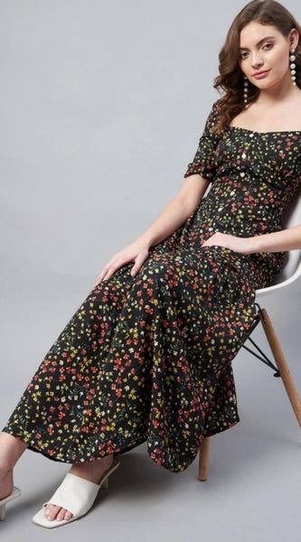 Mayawye Women's Polyester Moss Floral Square Neck Half Sleeve Dress (Black)