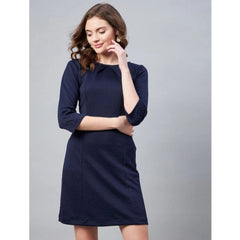 Mayawye Women's Polyester Jacquard Self Design Round Neck 3/4th Sleeves Dress (Navy)