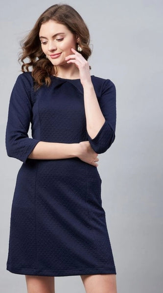Mayawye Women's Polyester Jacquard Self Design Round Neck 3/4th Sleeves Dress (Navy)