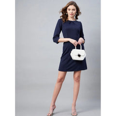 Mayawye Women's Polyester Jacquard Self Design Round Neck 3/4th Sleeves Dress (Navy)