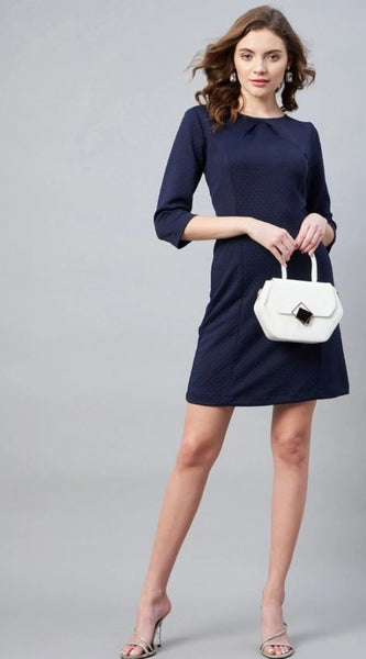 Mayawye Women's Polyester Jacquard Self Design Round Neck 3/4th Sleeves Dress (Navy)