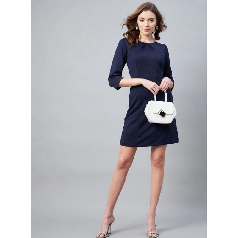 Mayawye Women's Polyester Jacquard Self Design Round Neck 3/4th Sleeves Dress (Navy)