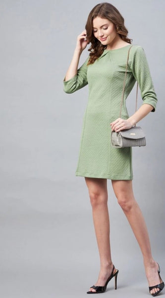 Mayawye Women's Polyester Jacquard Self Design Round Neck 3/4th Sleeves Dress (Olive)