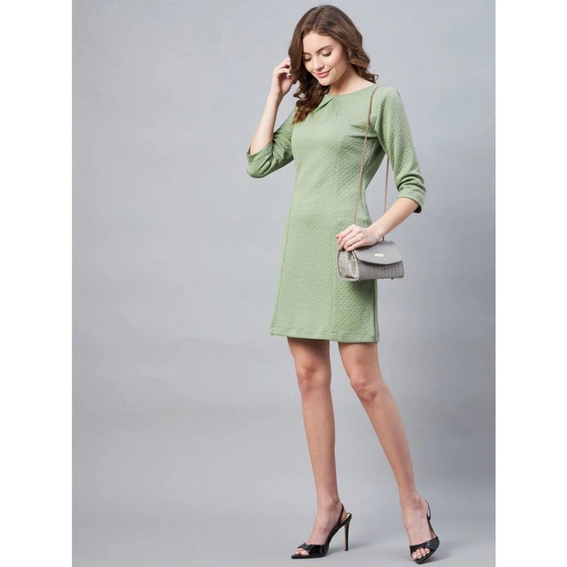 Mayawye Women's Polyester Jacquard Self Design Round Neck 3/4th Sleeves Dress (Olive)
