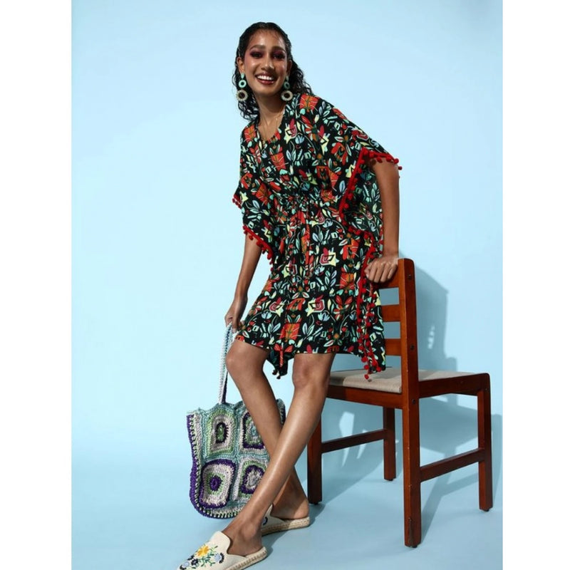 Mayawye Women's Polyester Moss Printed Round Neck Kaftan Sleeve Dress (Multicolor)